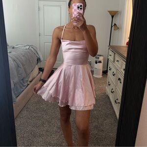 Light Pink Satin Backless Lace Up Tiered Mini Dress